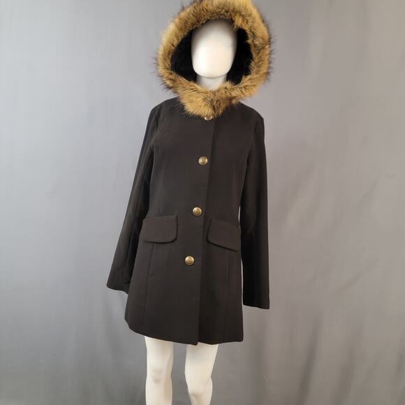 Black Faux Fur Hooded Coat with Gold Crest Buttons by d.e.t.a.i.l.s Intl - Picture 5 of 16